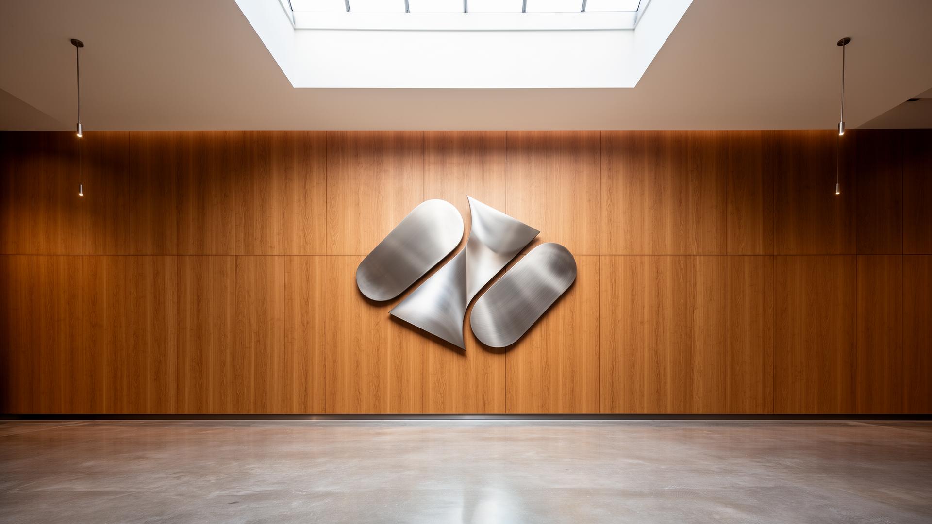 Dimensional brushed-metal logo on an oak feature wall in a sunlit modern lobby