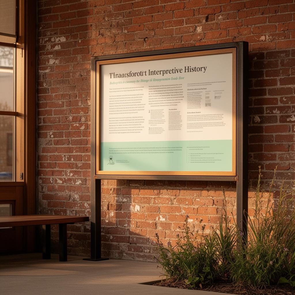 Interpretive history panel set against weathered brick in a community space