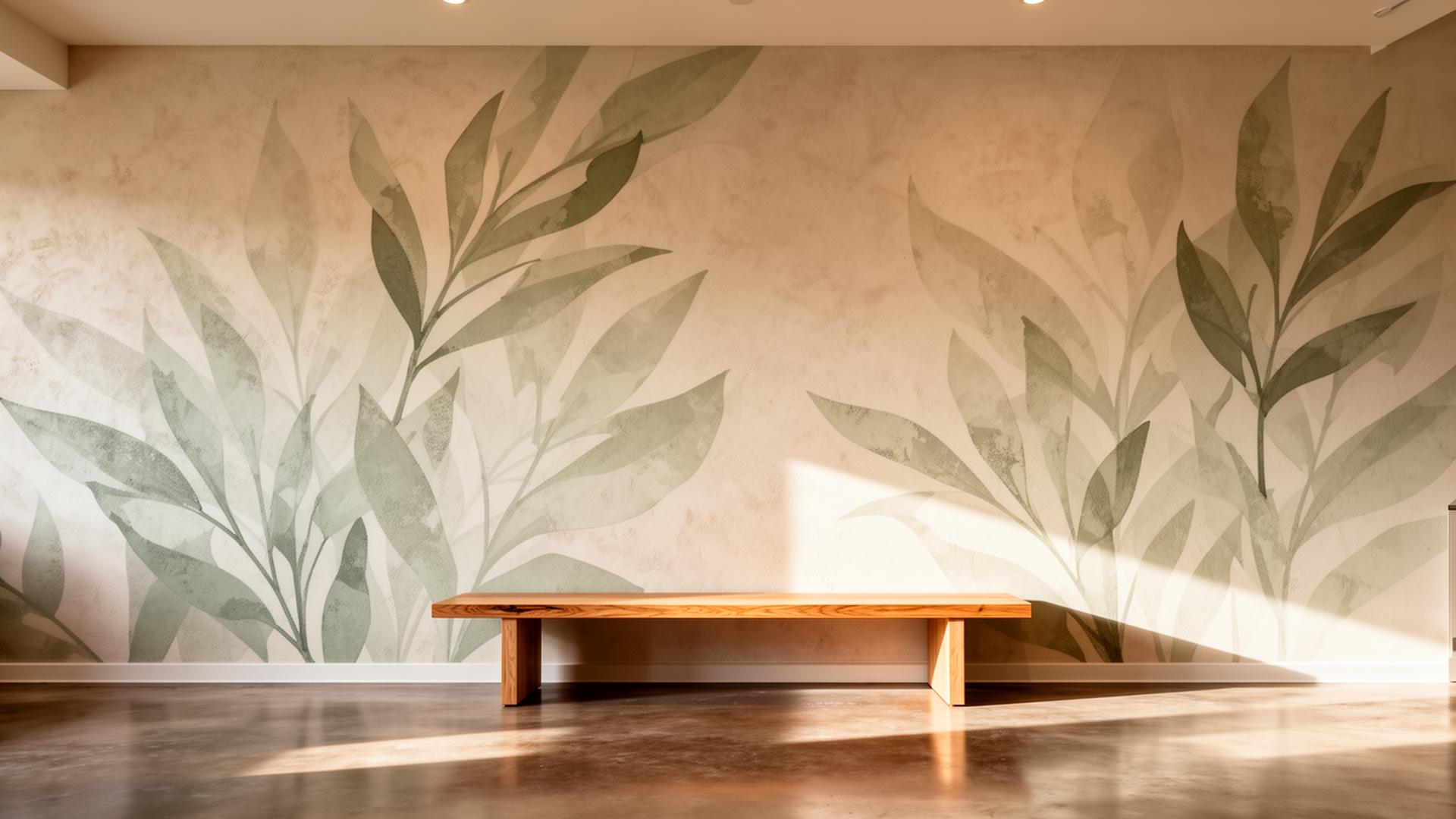 Botanical mural across a textured plaster wall with an oak bench