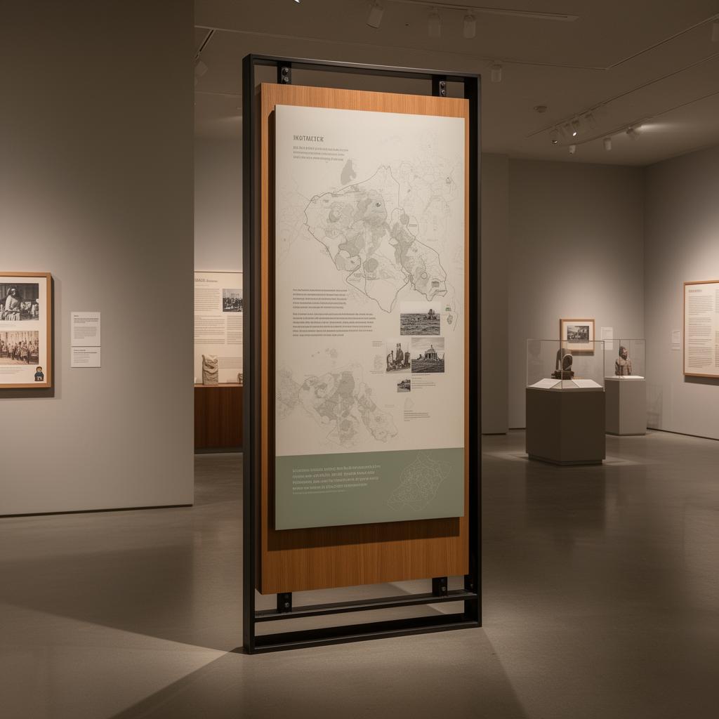 Interpretive display panel on a wood and steel frame in a gallery