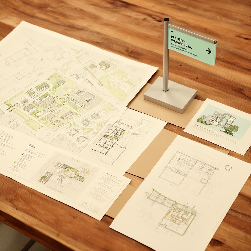 Property wayfinding map and site documentation laid out on a wood studio table