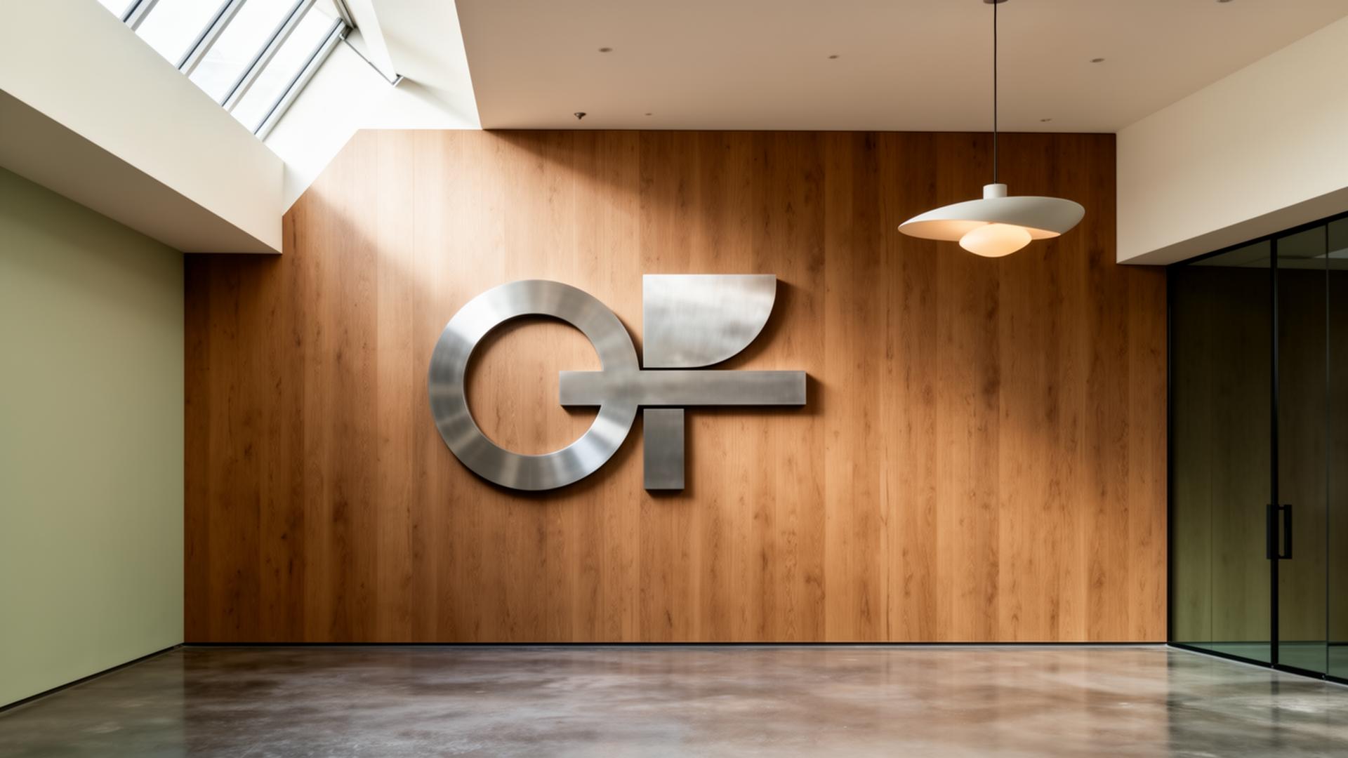 Dimensional reception signage on a warm oak feature wall
