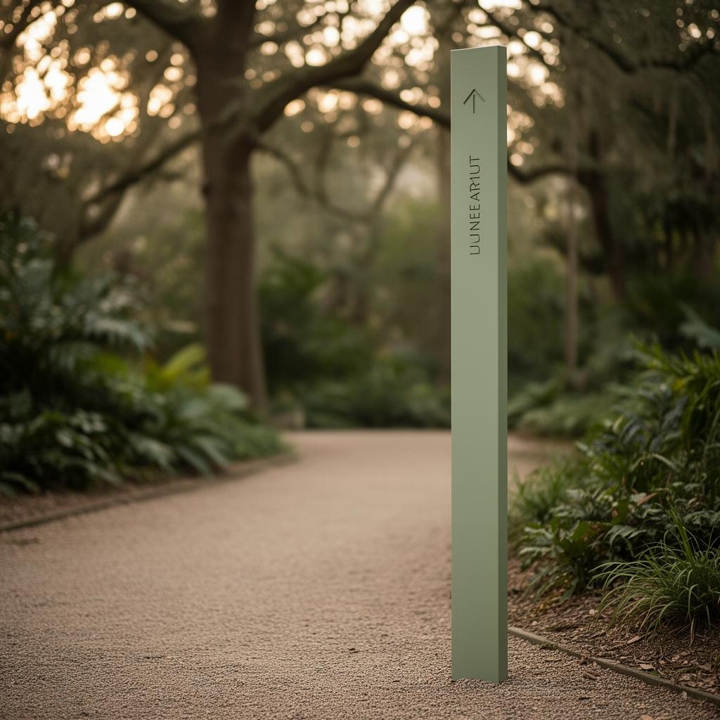Elegant wayfinding signpost in a botanical campus path